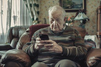 An elderly gentleman sits in his armchair in his living room and looks at his smartphone, worried,