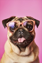 Cute pug dog with pink sunglasses. KI generiert, generiert AI generated