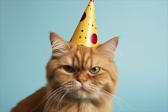 Angry looking ginger car with birthday party hat on blue background. KI generiert, generiert AI