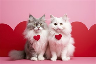 Pair of fluffy cats with red hearts on romantic red and pink background. KI generiert, generiert AI