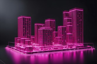 Hologram pink skyscraper architecture wireframe on table, ai generated, AI generated