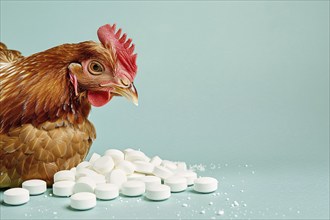 Chicken next to medical pills on blue studio background with copy space. Concept for antibiotics