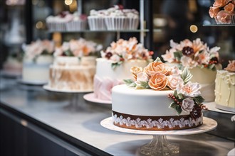 Elegant cakes with flowers in bakery pastry shop. KI generiert, generiert, AI generated