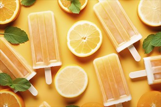 Orange ice popsicles with fruit. KI generiert, generiert, AI generated