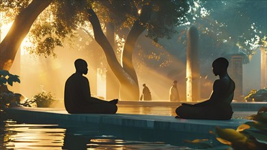 Illustration of a tranquil meditation session scenery in an idyllic garden, AI generated