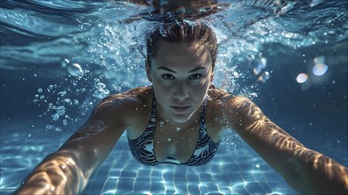 Female athlete in an innovative swimsuit emulating shark skins textures, AI generated