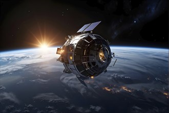 Satellite with solar panels hovering above earth, AI generated