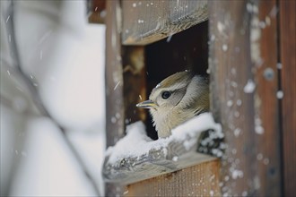 Small bird in wooden feeding house in snow during winter. Generative AI, AI generated