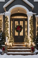 Festive front porch with holiday garlands wrapped around the columns, a wreath hanging on the door,