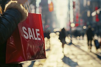 Red shopping bag with white text 'SALE' carried by person in city street. Generative Ai, AI