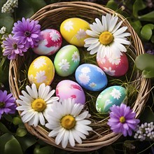 Vibrant-colored Easter eggs in a wicker basket, surrounded by delicate spring flowers, AI generated