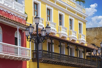 Colombia, colonial old Cartagena Walled City streets and colorful houses in historic center, South