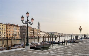 Motorboats and gondolas on the Grand Canal in the morning light, Campanile in the background,