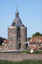 Town view of Enkhuizen, historic old town with defence tower of Drommedaris, former defence tower,