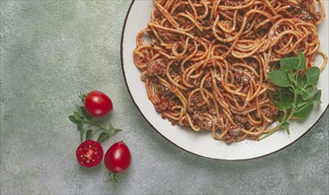 Spaghetti bolognese, in a frying pan, top view, homemade, no people