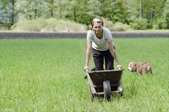 Woman with a Wheelbarrow on the Green Field with Grass and a Dog