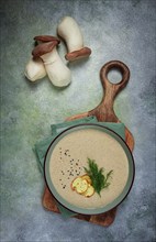 Mushroom cream soup, with dill and bruschetta, mushroom eringi