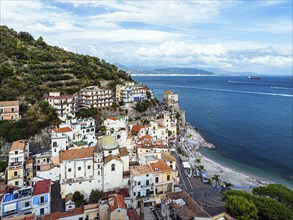 Cetara from a drone, Amalfi Coast, Salerno, Campania, Italy, Europe