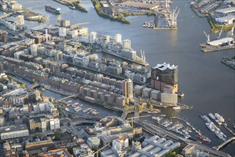 Aerial view of Hamburg harbour with Elbe, Elbphilharmonie, Speicherstadt, Hafen City,