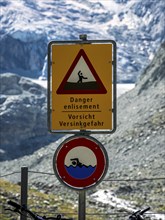 Warning sign below the Moiry glacier, danger of flooding, Valais, Switzerland, Europe