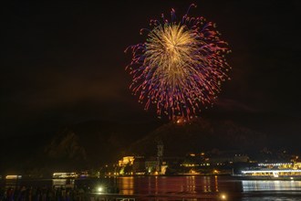 Solstice fireworks with a view of Dürnstein, Rossatz-Arnsdorf, Lower Austria, Austria, Europe