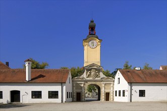 Europe, Germany, Bavaria, Danube, Ingolstadt, New Palace, View to the baroque clock tower, Bavarian