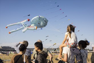 Visitors watch flying kites, including in the shape of the USS Enterprise, in front of the Berlin