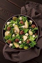 Keto Salad, pear with blue cheese and walnut, selective focus, no people, close-up