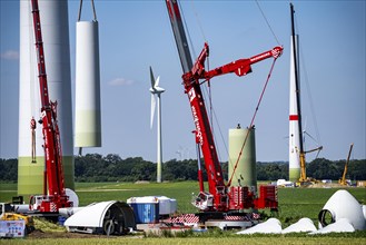 Repowering of a wind farm near Issum, here the dismantling of the tower, 9 older wind turbines from