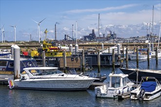 Seaport Marina IJmuiden, marina, sailing boats, yachts, behind the Tata Steel steel and smelting