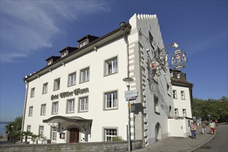 Hotel Wilder Mann, white building with stepped gable, Meersburg, Obersee, Lake Constance, Lake