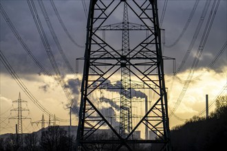 High-voltage power lines, overhead pylons, UNIPER coal-fired power plant Scholven in the