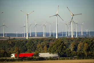 Wind farm near Bad Wünnenberg, OWL, A44 motorway, HGV traffic, North Rhine-Westphalia, Germany,