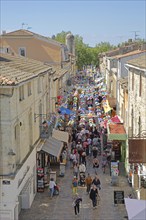 People on the Grand Rue Jean Jaurès and decoration with pennant chain, tourists, strolling,