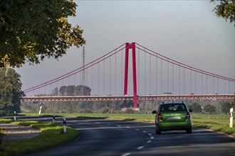 Rhine bridge Emmerich, on the Lower Rhine, left bank of the Rhine, landscape, dyke foreland near