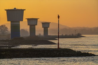 Rhine at Duisburg-Bruckhausen, towers of the water extraction facilities of ThyssenKrupp Steel