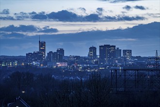 View of the skyline of Essen, city centre, seen from the Zeche Zollverein, Essen, North