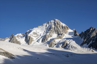 High alpine mountain landscape, summit of the Aiguille de Chardonnet and Glacier du Tour, glaciers