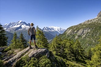 Mountaineer in front of a mountain panorama with glaciated mountain peaks, Aiguille Verte with