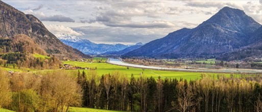 Painterly landscape with mountains, a river and dense forest in spring, Inn Valley