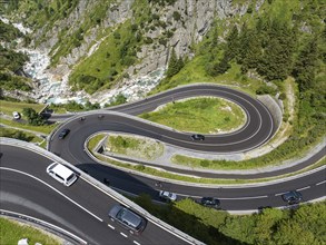 Switchbacks on the Gotthard Pass. Winding Alpine road. Drone photo. Andermatt, Canton Uri,