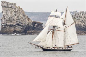 Large old traditional sailing boat in a bay on the Atlantic. Camaret sur mer, Crozon, Finistere,