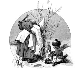 Woman cutting willow rods in winter, with a child with angel wings, historical, digital