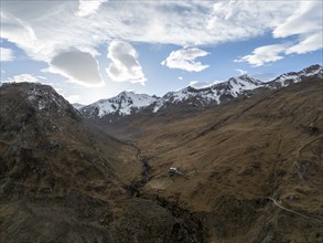 Mountain hut Martin-bush-Hütte, mountain landscape in Niedertal in autumn, aerial view, Vent,