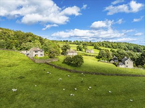 Farms and Fields over Cononley and River Aire from a drone, Keighley, North Yorkshire, England,