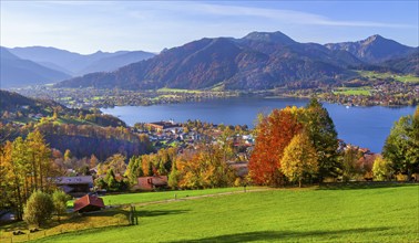 Panorama of the village and lake with the monastery castle in autumn, Tegernsee, Tegernsee,