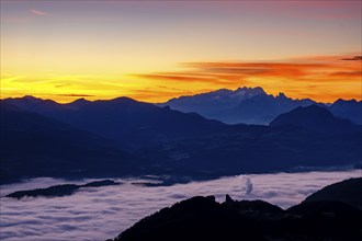 Dawn with a view of the Osterhorn group and Dachstein, fog in the valley, Marktschellenberg,