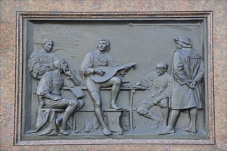 Relief with life story of Martin Luther, life as a student, musician, guitar, figures, history,