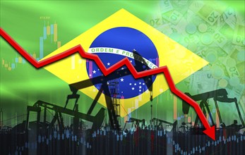 Petrol crisis with Brazil flag on financial graph. Fall oil price with flag of Brazil on economic