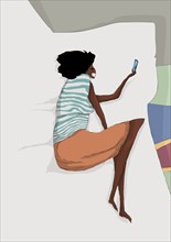 Vector art hand drawn background depicting a happy girl resting in bed, playing on the phone